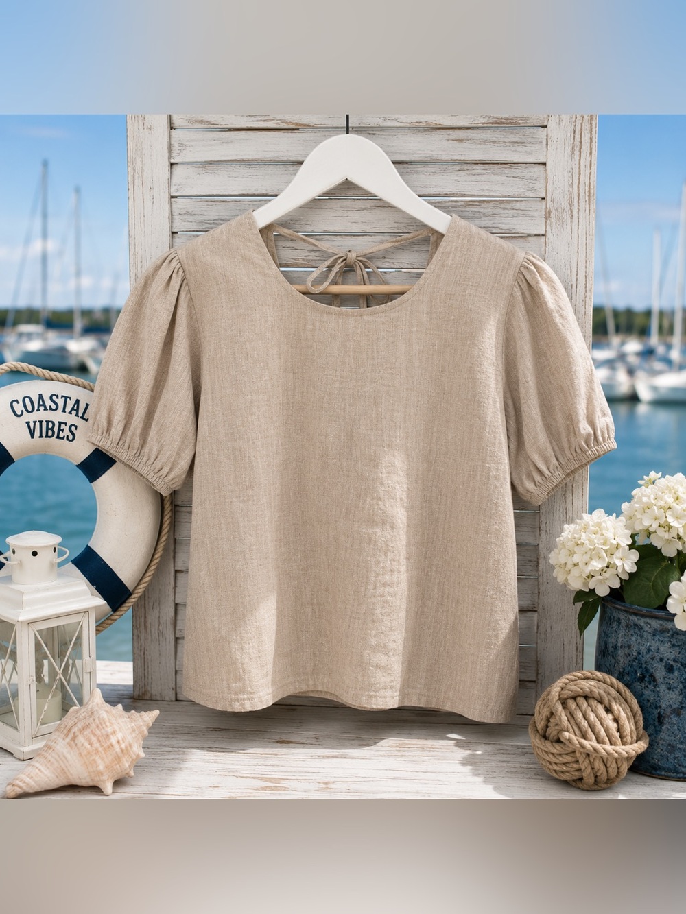 Hem & Thread Beige Cotton Puff Sleeve Tie Back Blouse S